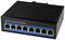 Black industrial Ethernet switch with eight network ports on the front. Labelled: 'Industrial Ethernet Switch'.