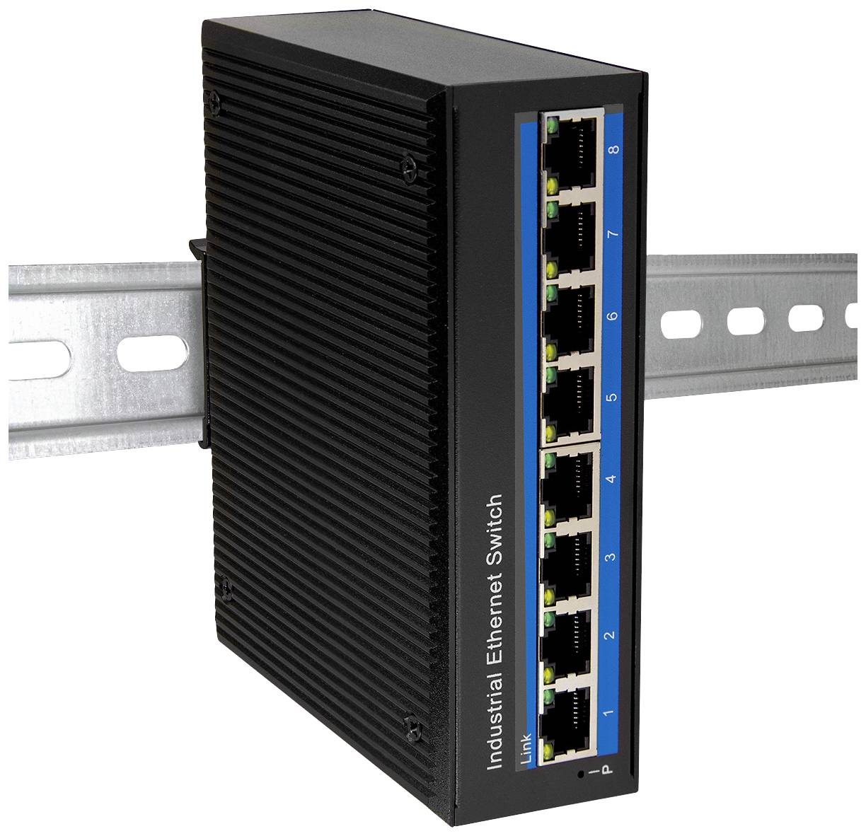 Industrial Ethernet switch with eight RJ45 ports, mounted on a DIN rail. Used for robust network applications.