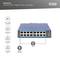 'Industrial 16-Port Gigabit Switch, unmanaged, DN-651129. Shows connections, status indicators, RJ45 sockets and earthing.'