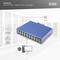 'DN-651129 Industrial 16-Port Gigabit Switch, Unmanaged' against a server room backdrop. Image shows the ports, earthing and surge protection.