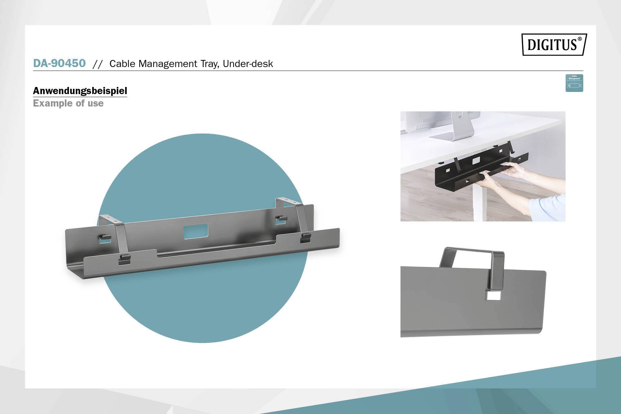 Cable management tray mounted underneath the desk. Application image shows holder for cable organisation.