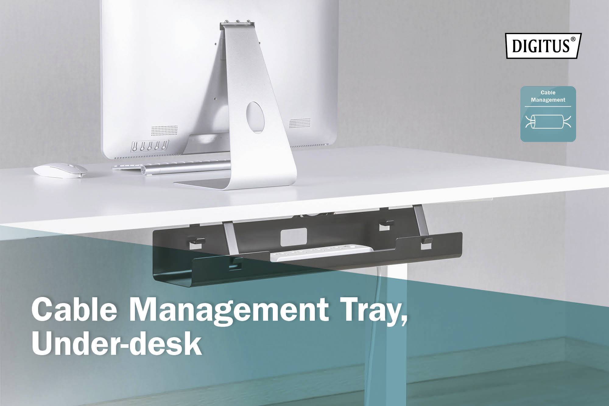 A cable management solution mounted beneath a desk shows a monitor stand with a cable tray for tidy cable organisation.