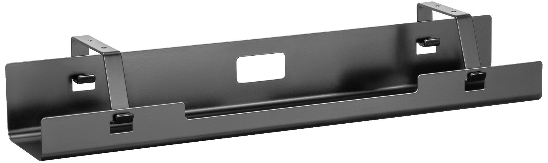 A rectangular, black metal component with multiple recesses and two upright holders at the top. It appears to be a vehicle part.