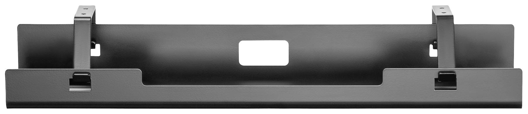 Metal bracket with a rectangular cut-out and two mounting points on the top surface, used for support or fastening.