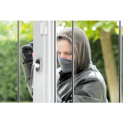 A masked individual is attempting to open a window from the outside using a tool.