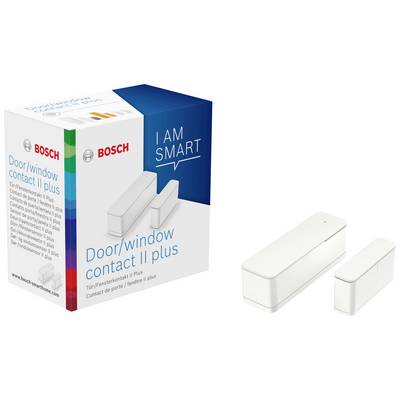 A packaging and a door/window contact by Bosch 'Door/window contact II plus'. The contact is white and rectangular.