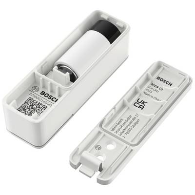 Open Bosch battery holder showing an inserted battery. Housing labels with product and manufacturer information visible.
