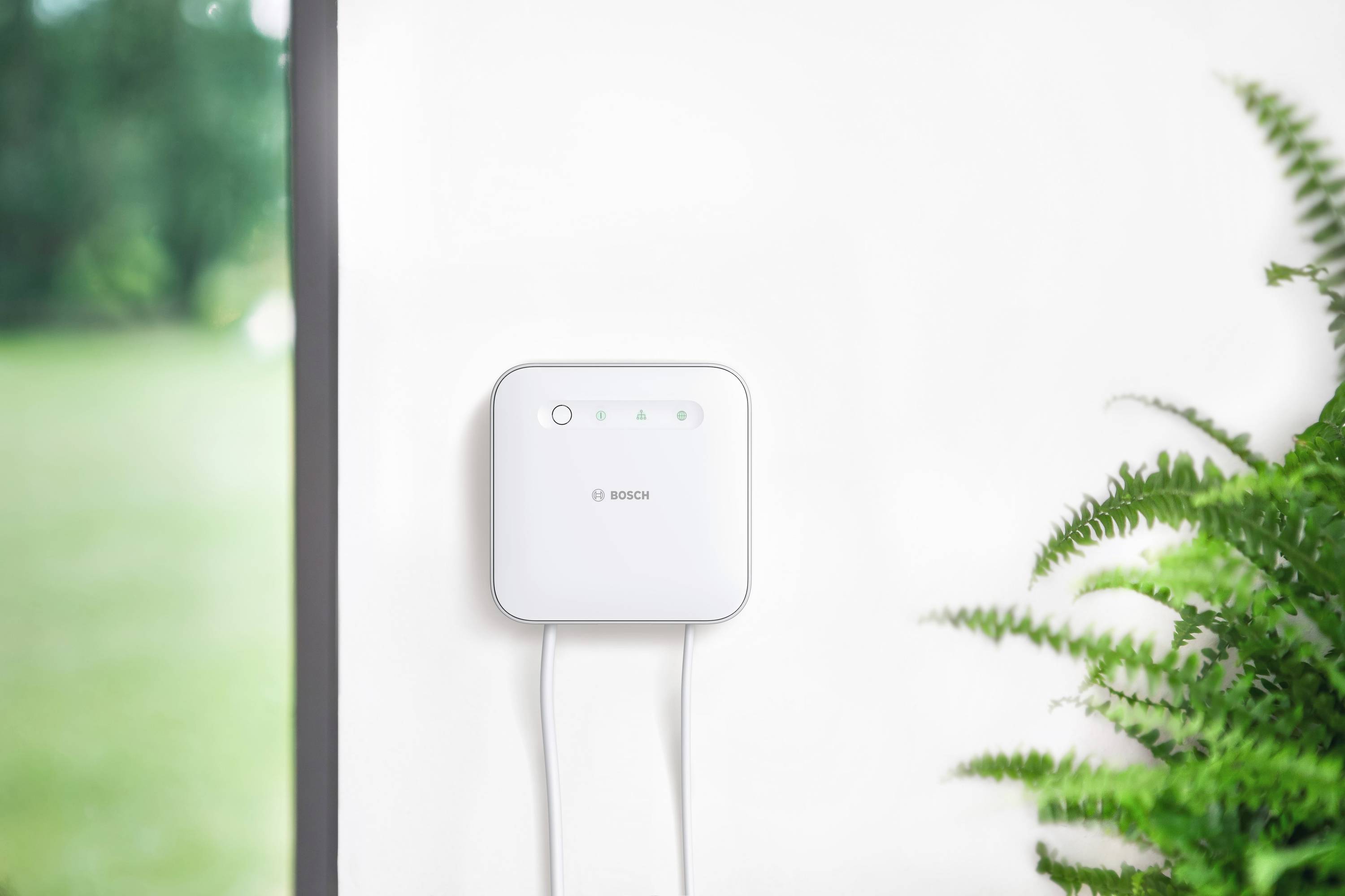 A white sensor device is mounted on a wall. It displays blinking lights on the front. A green plant is situated on the right side of the image.