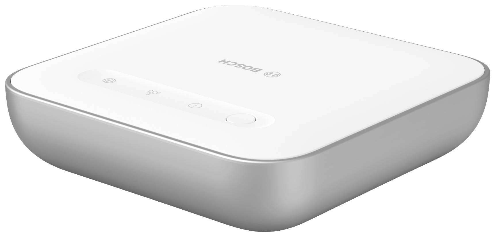 A white, square electronic device with rounded corners and a button on its top surface.