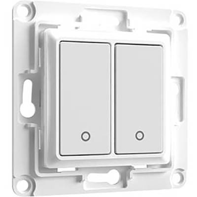 Two white light switches side by side, with round markings underneath. Mounted on a rectangular mounting plate.