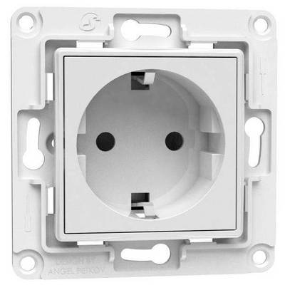 White socket with round insert, suitable for flush mounting. Contains earthing holes and screw fixings on the sides.