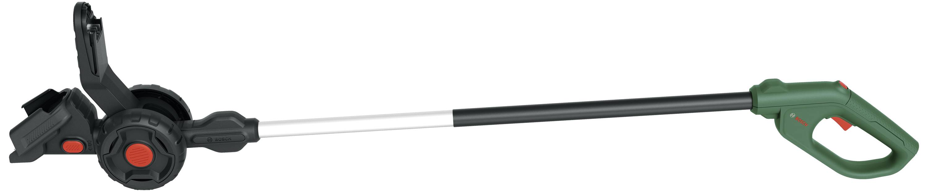 Black and green trimmer head with a long handle and orange buttons, designed for garden work.