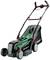Electric lawnmower by Bosch with green and black design, four wheels and a rear grass collection bag.