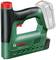Green and black electric staple gun, with a red trigger. Brand 'Bosch', model 'UniversalTacker 18V-14'. Battery-powered.