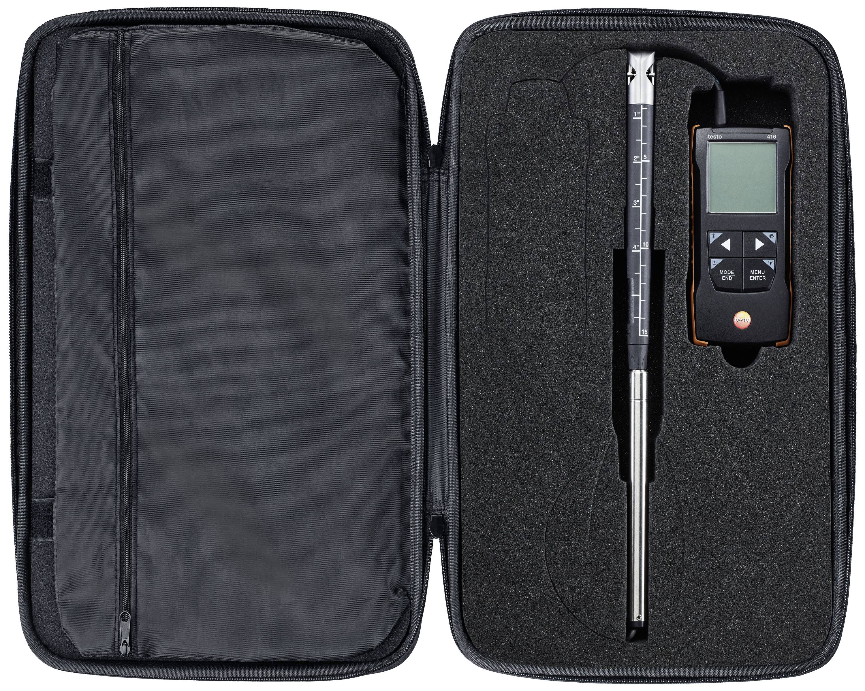 An open black case containing a digital measuring device and a long, graduated probe, secured within foam inserts.