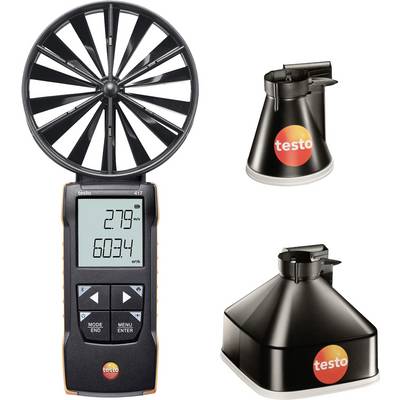 Handheld anemometer with large impeller, displaying digital readings for temperature and air velocity. Two attachments for different duct sizes.