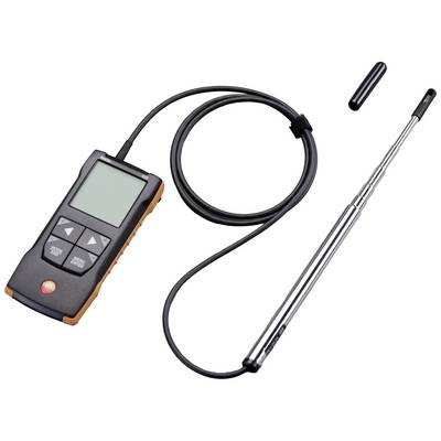 A digital anemometer with a detachable probe. Used for measuring air velocity and temperature.