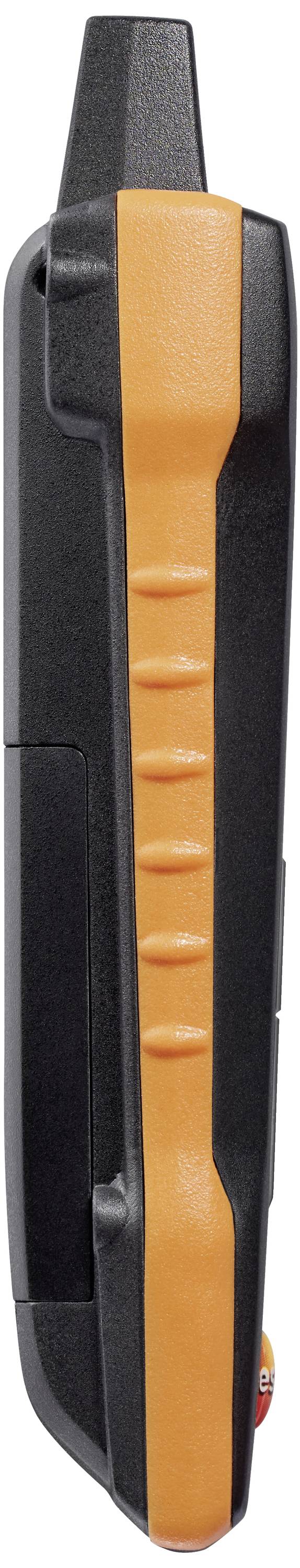 Side view of a black device with an orange handle and textured design.