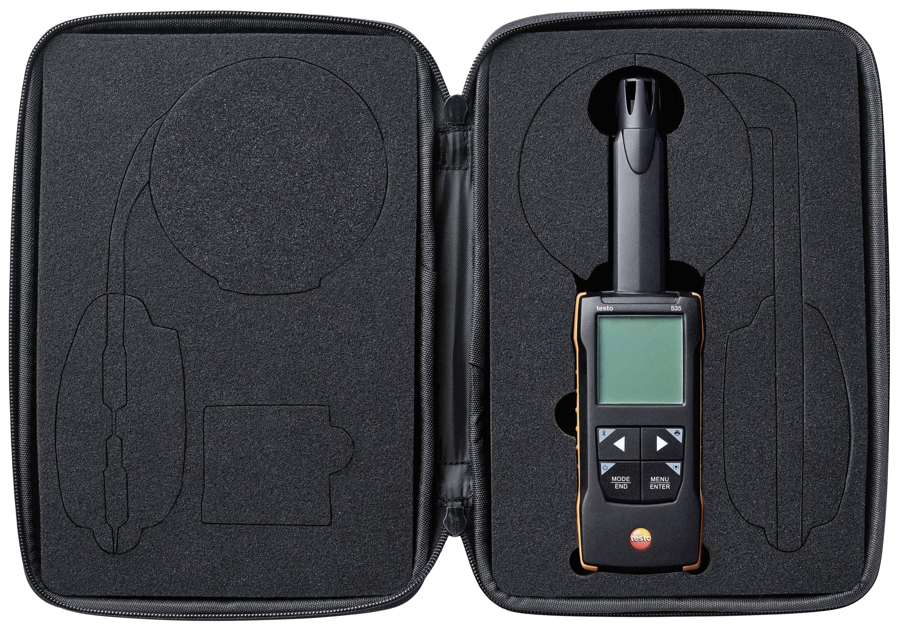 'Measuring device in an open black protective case with an insertion compartment. Device has a display and operating buttons.'
