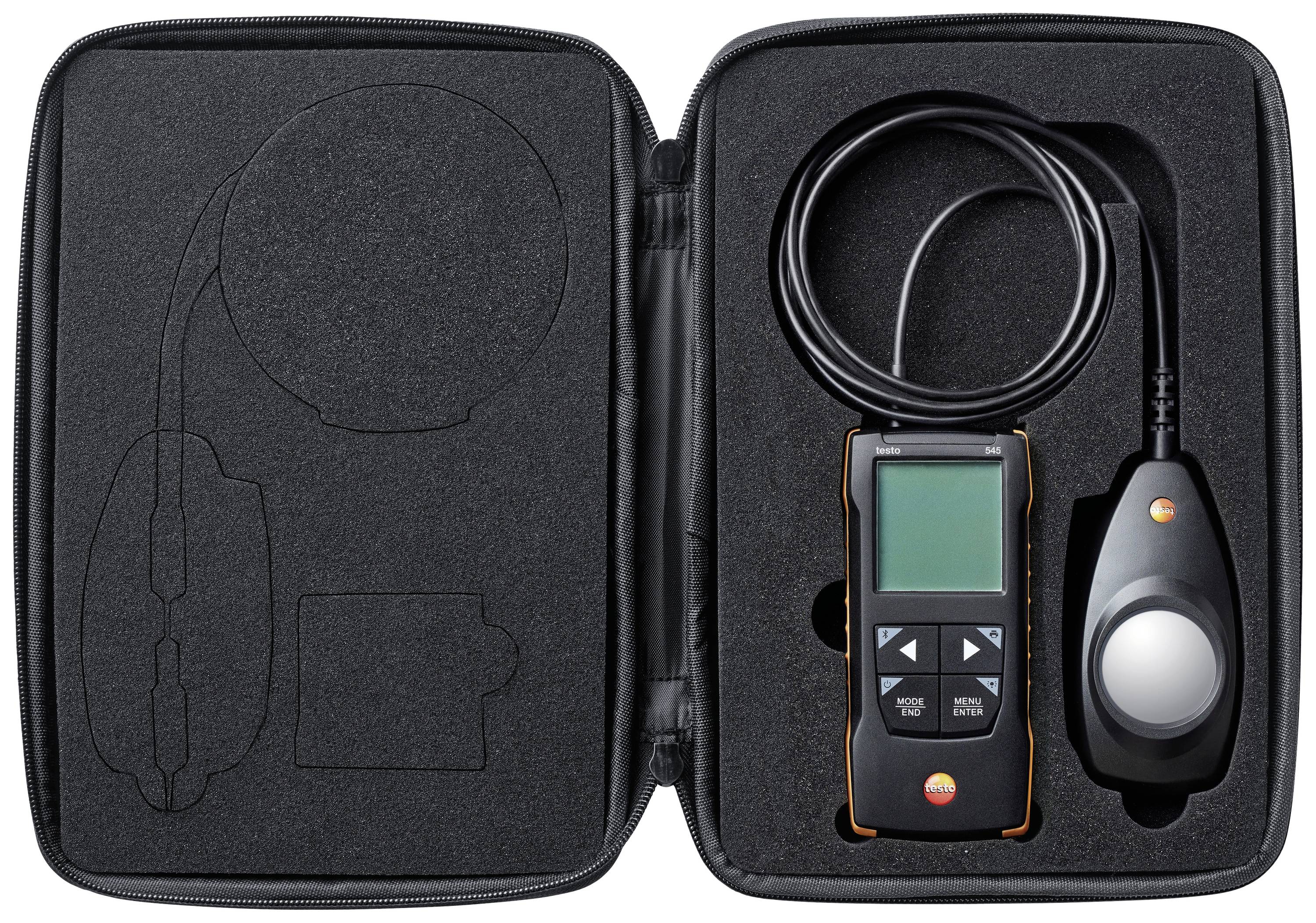 Measuring device in black case with display and sensor.