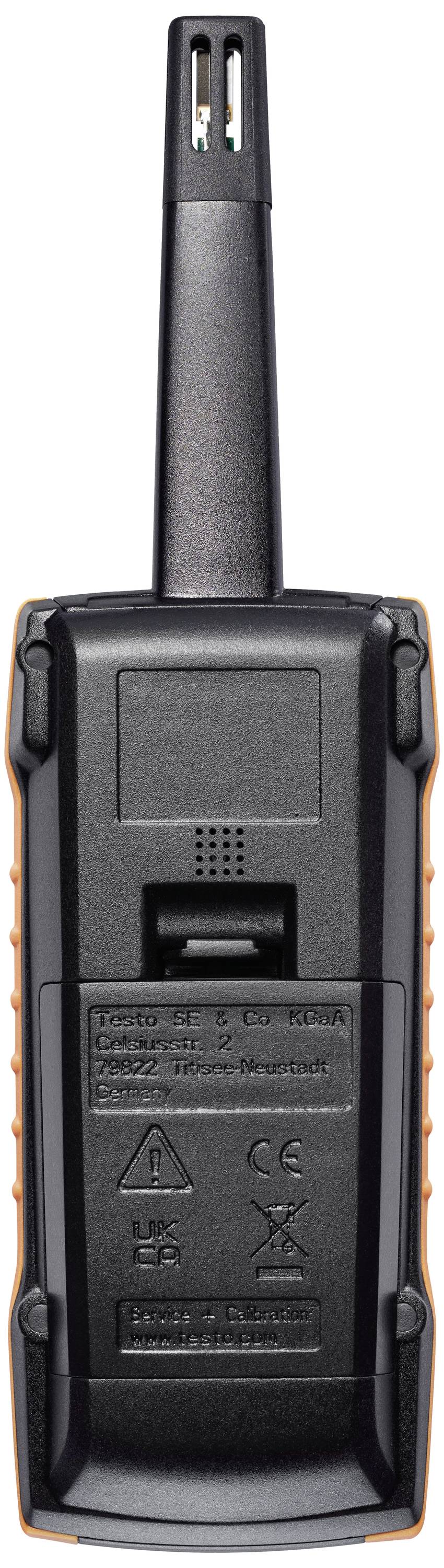 A black electronic device with multiple symbols and a long, narrow sensor at the top, rear view visible.