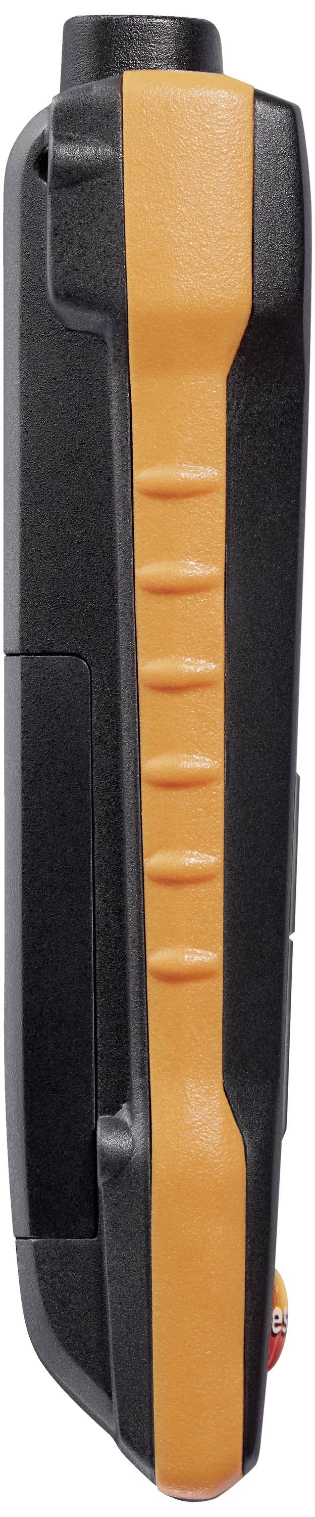 One-sided view of a portable device in black and orange with a textured grip, likely an electronic tool.