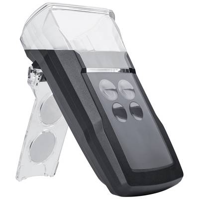 A portable electronic device with a transparent upper section and four large buttons on the front, shown at an angle.