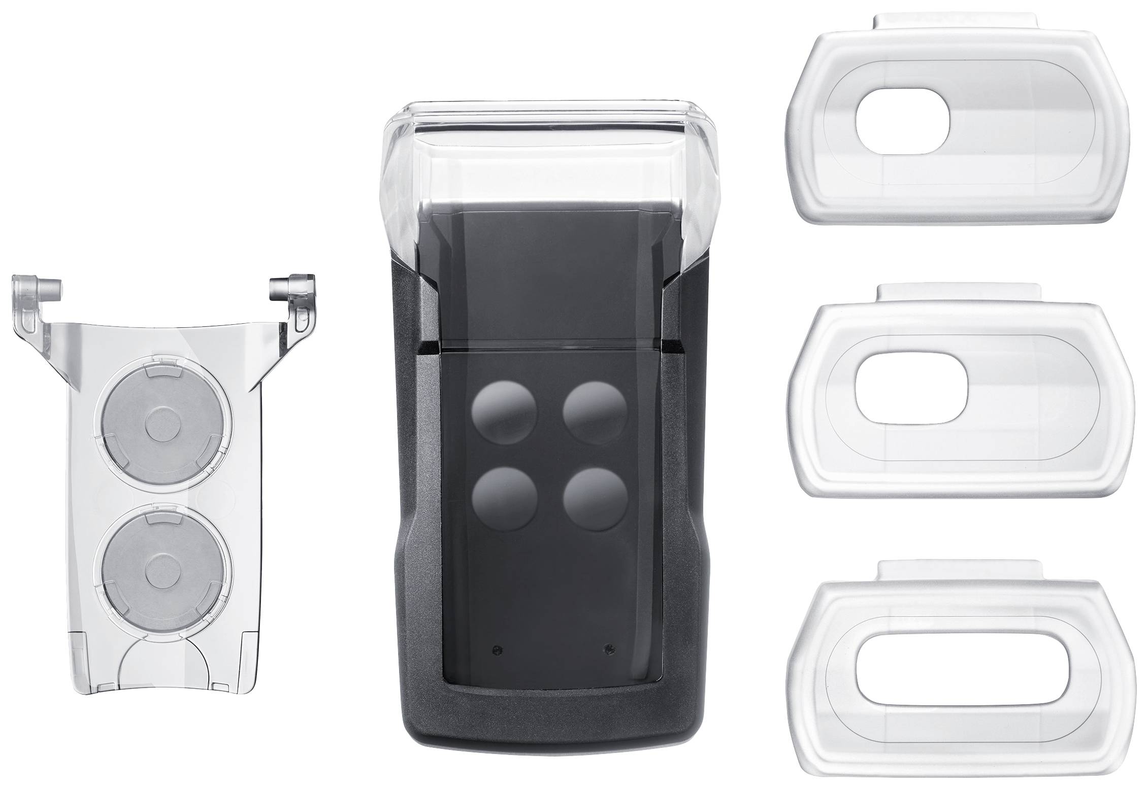 Transparent accessory set with various covers, suitable for an electronic device to customise its functions.
