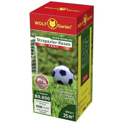 Packaging of the 'WOLF-Garten Hard-Wearing Lawn' with football motif and details on area coverage (25 m²), seed mixture, and germination guarantee.