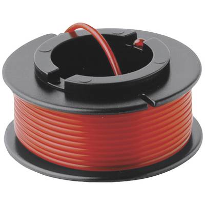 A black reel with a red cable wound around it is shown.