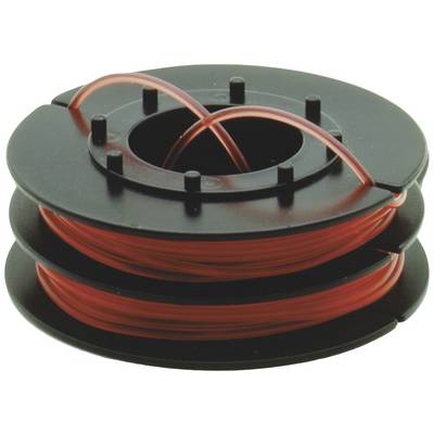 Black spool with red plastic cord, wound multiple times around the spool. Suitable for use in cutting machines.