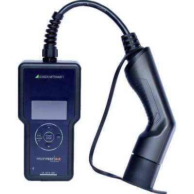 Handheld device for measuring electrical parameters with display and buttons, connected by a cable and handle.