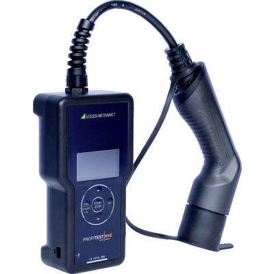 Portable testing device by Gossen Metrawatt for checking electrical charging installations with charging socket and display.