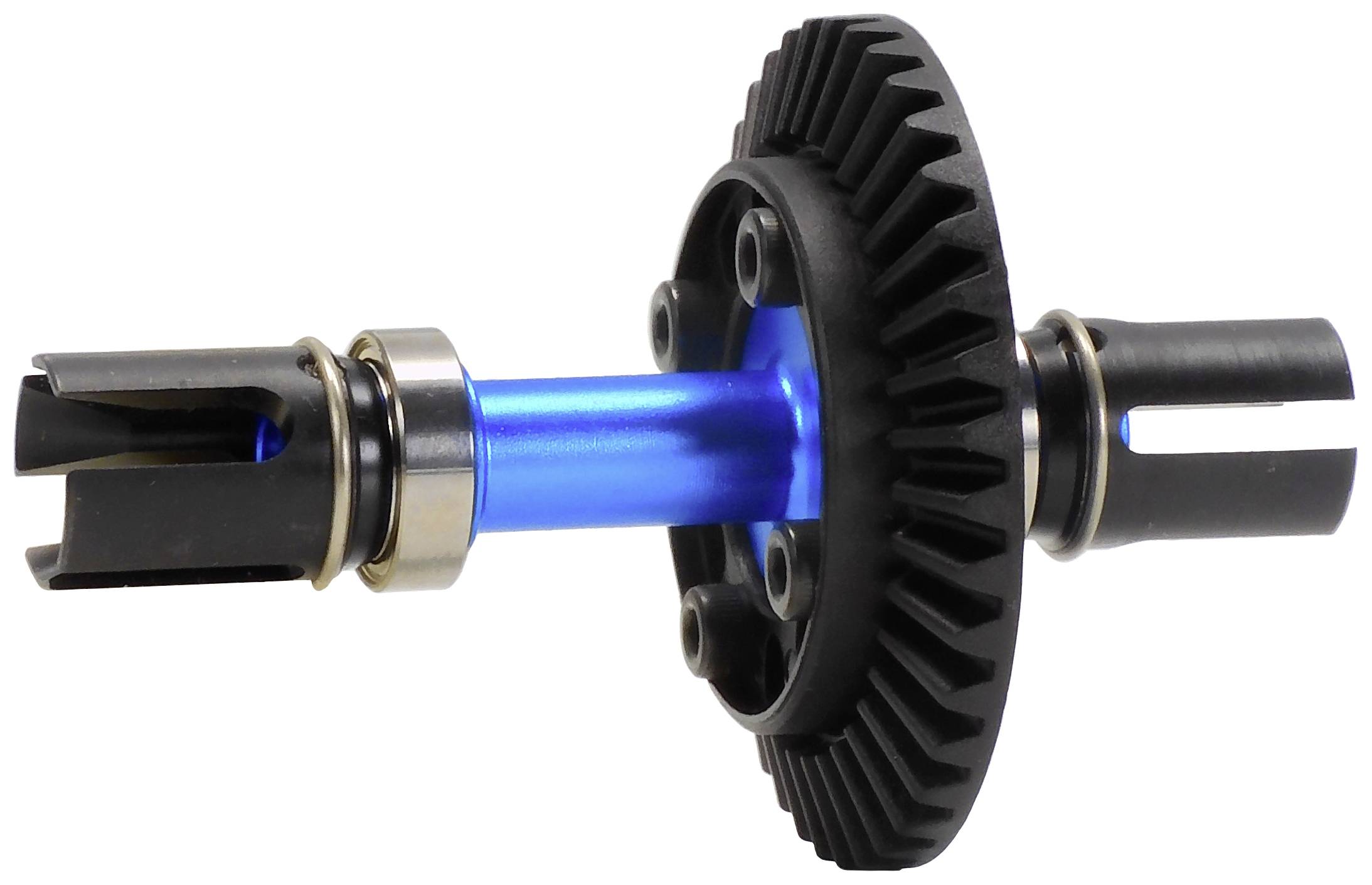 A blue, metallic gear wheel with black plastic connectors and silver bearings, which could be used in a machine.