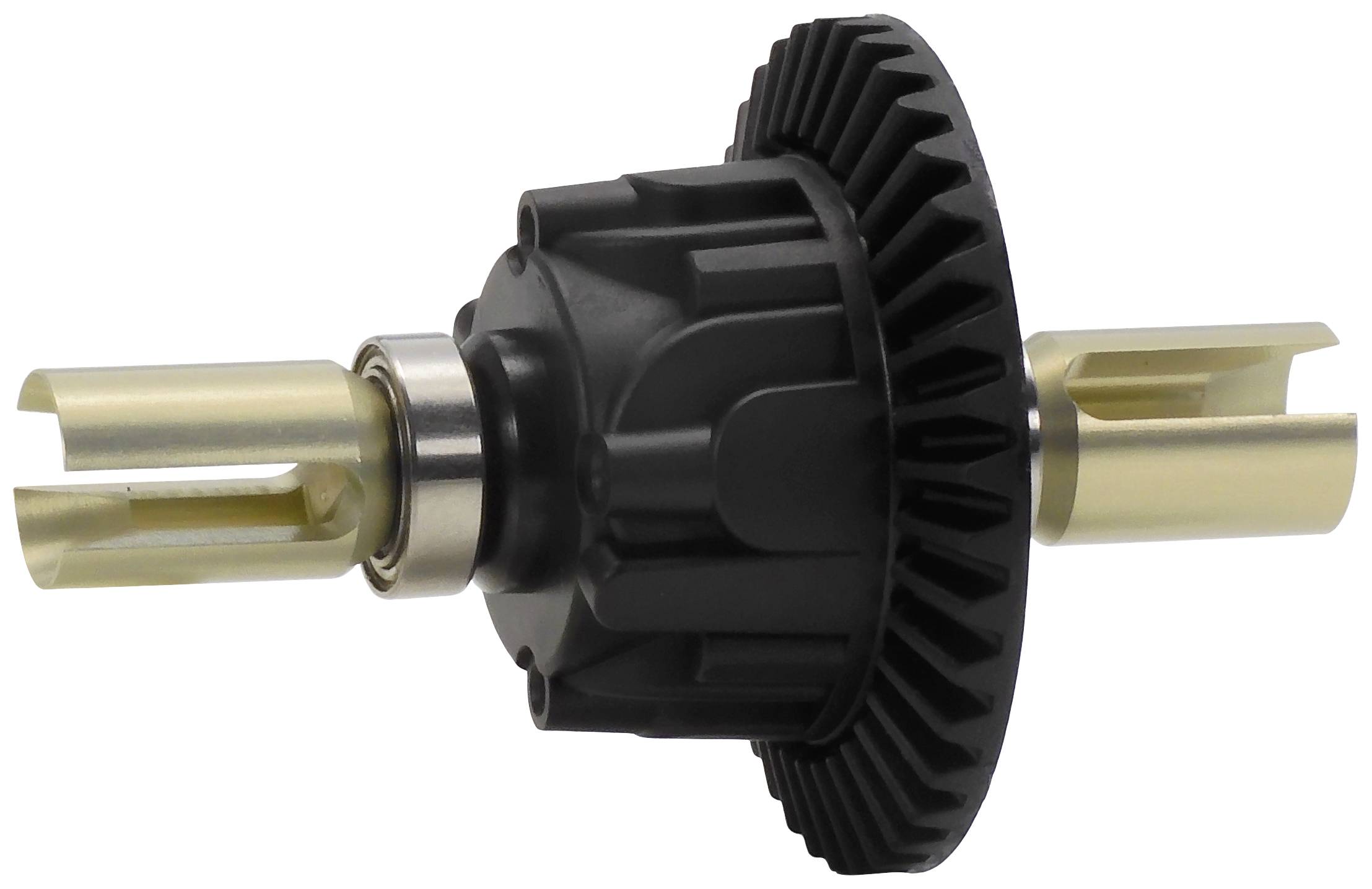 Black gear transmission part with brass cylinders at both ends, detailed close-up to illustrate mechanical components.