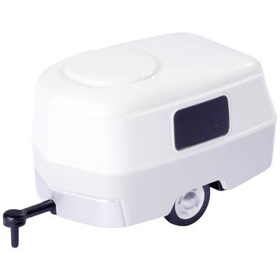 White miniature caravan model with rounded edges and a small black window on the side.