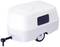 White miniature caravan model with rounded edges and a small black window on the side.