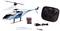 Remote-controlled toy helicopter set with spare rotor blades, batteries, and charging cable.