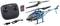 Remote-controlled helicopter with shark design, remote control, batteries, and USB charging cable.