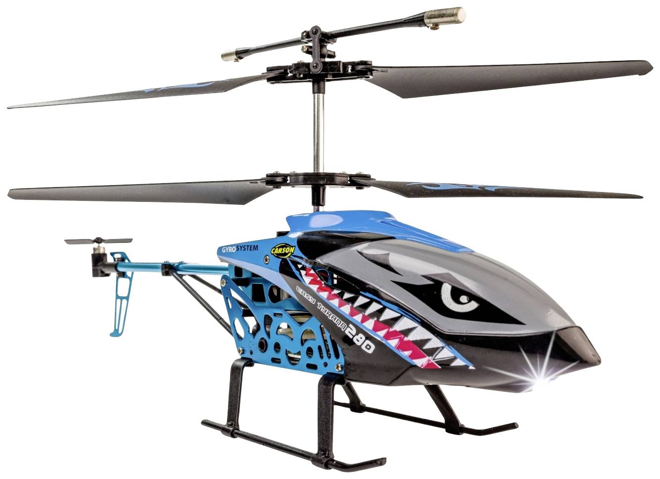 Remote-controlled helicopter with blue-black design and aggressive shark graphic, two rotor blades and sturdy landing legs.