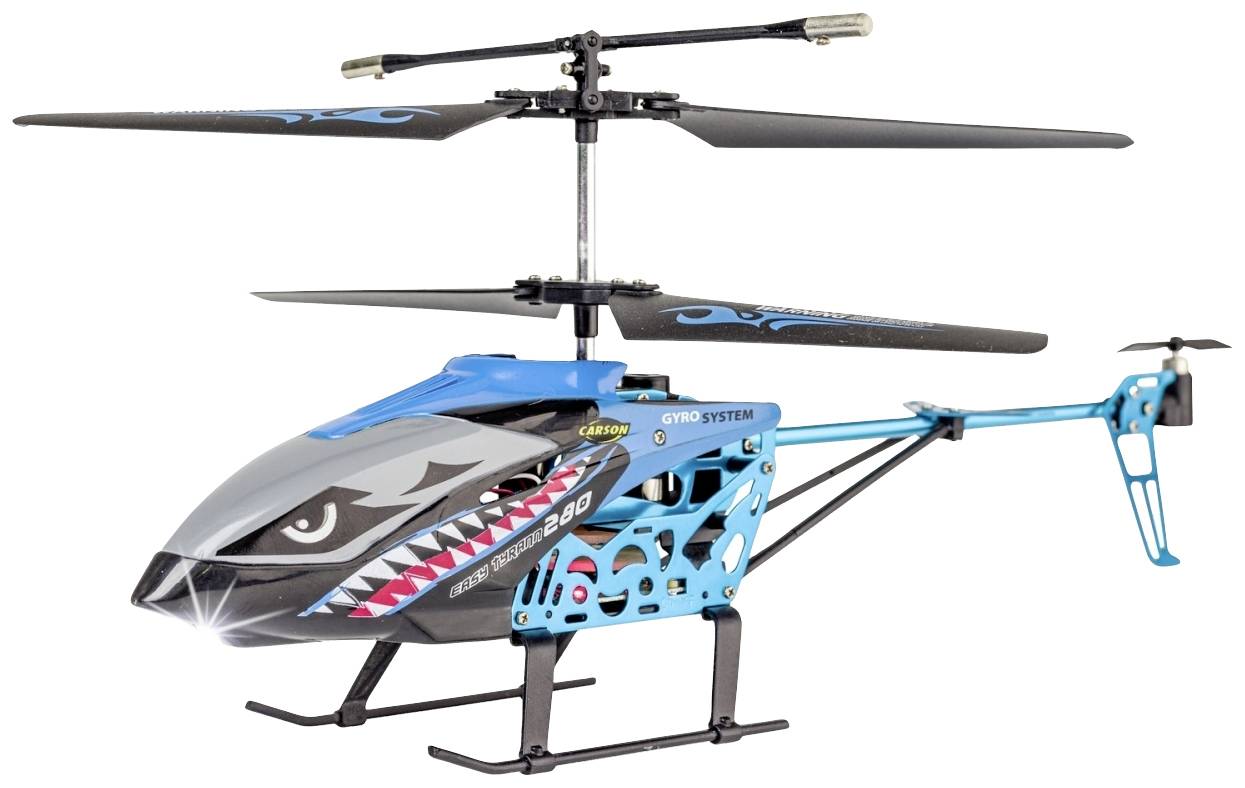 A remote-controlled model helicopter with a blue fuselage and shark design on the front side. Two rotor blades are visible on top.