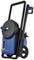 High-pressure washer with a blue casing and black wheels, marked with 'Nilfisk'. Includes hose holder and spray gun.