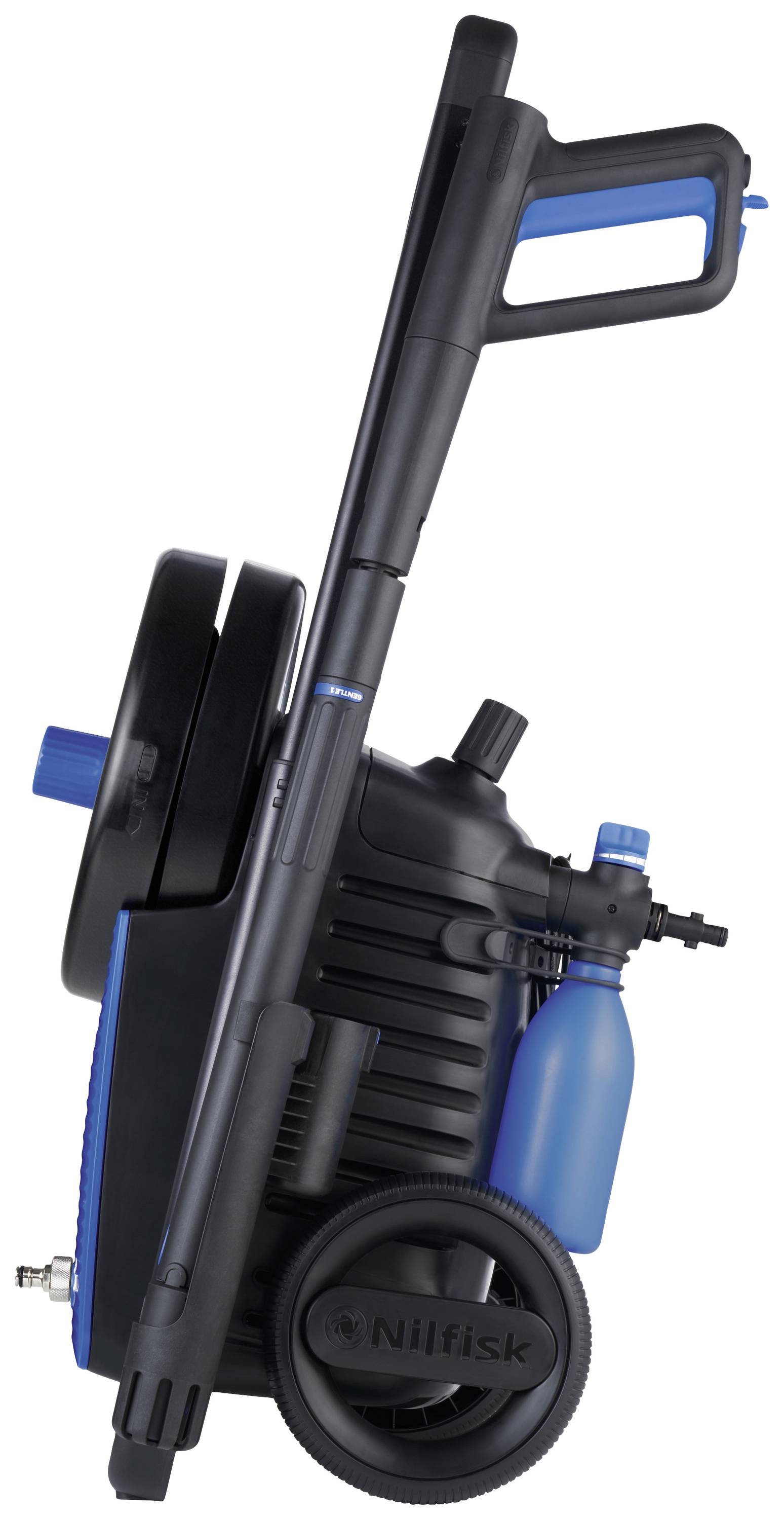 Pressure washer from the side, with a black casing and blue accents, two wheels, and a blue spray bottle.