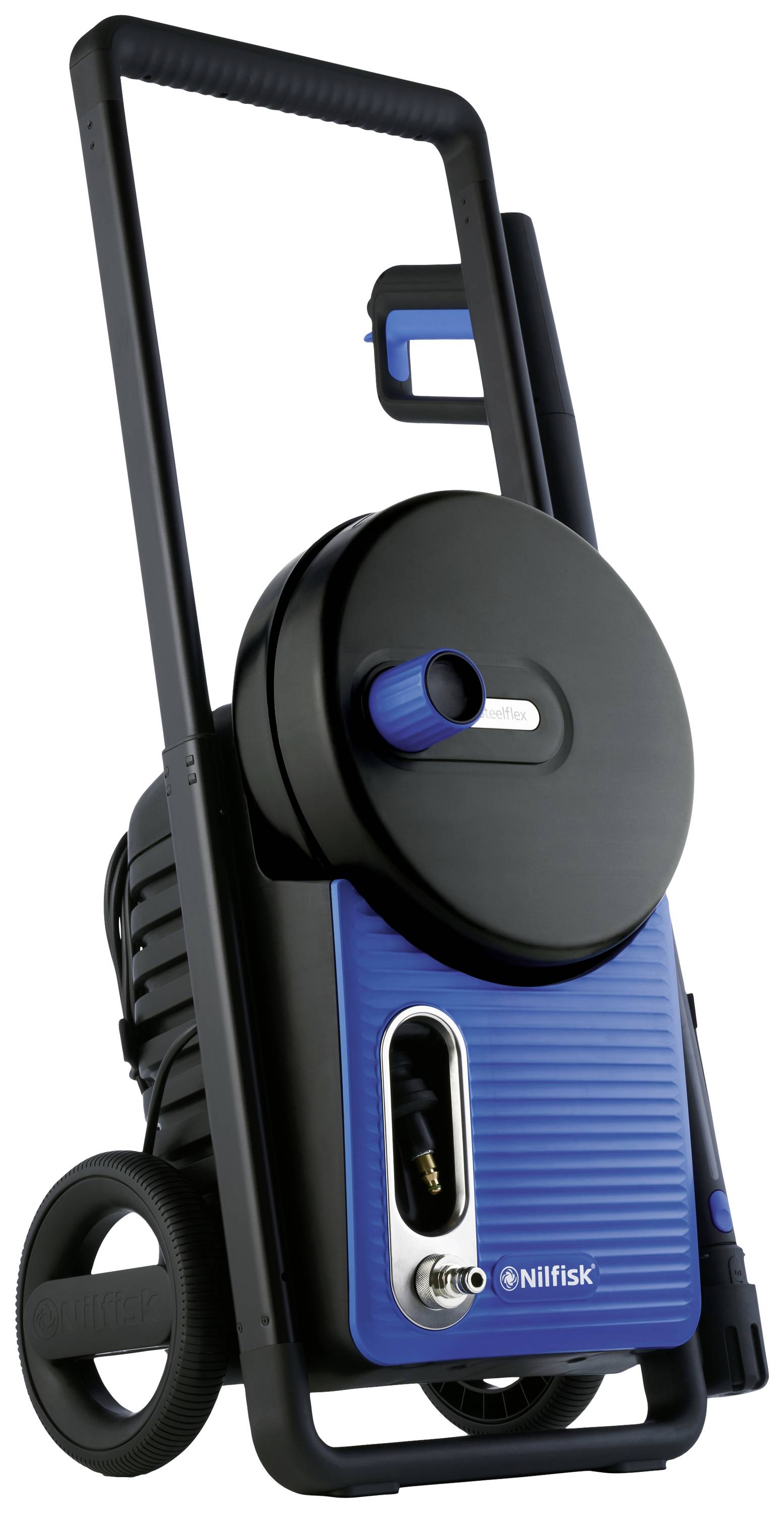Mobile high-pressure washer with wheels, black and blue casing, and hose reel. Suitable for cleaning surfaces.