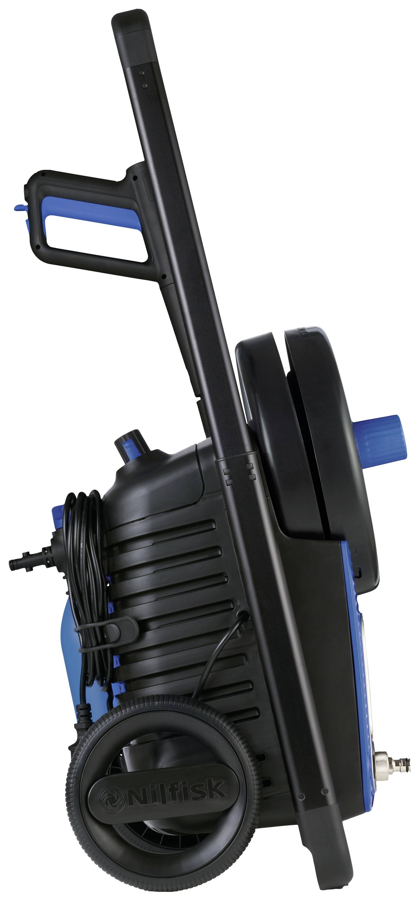 Portable pressure washer in side view with black casing, blue accents, and large wheels.