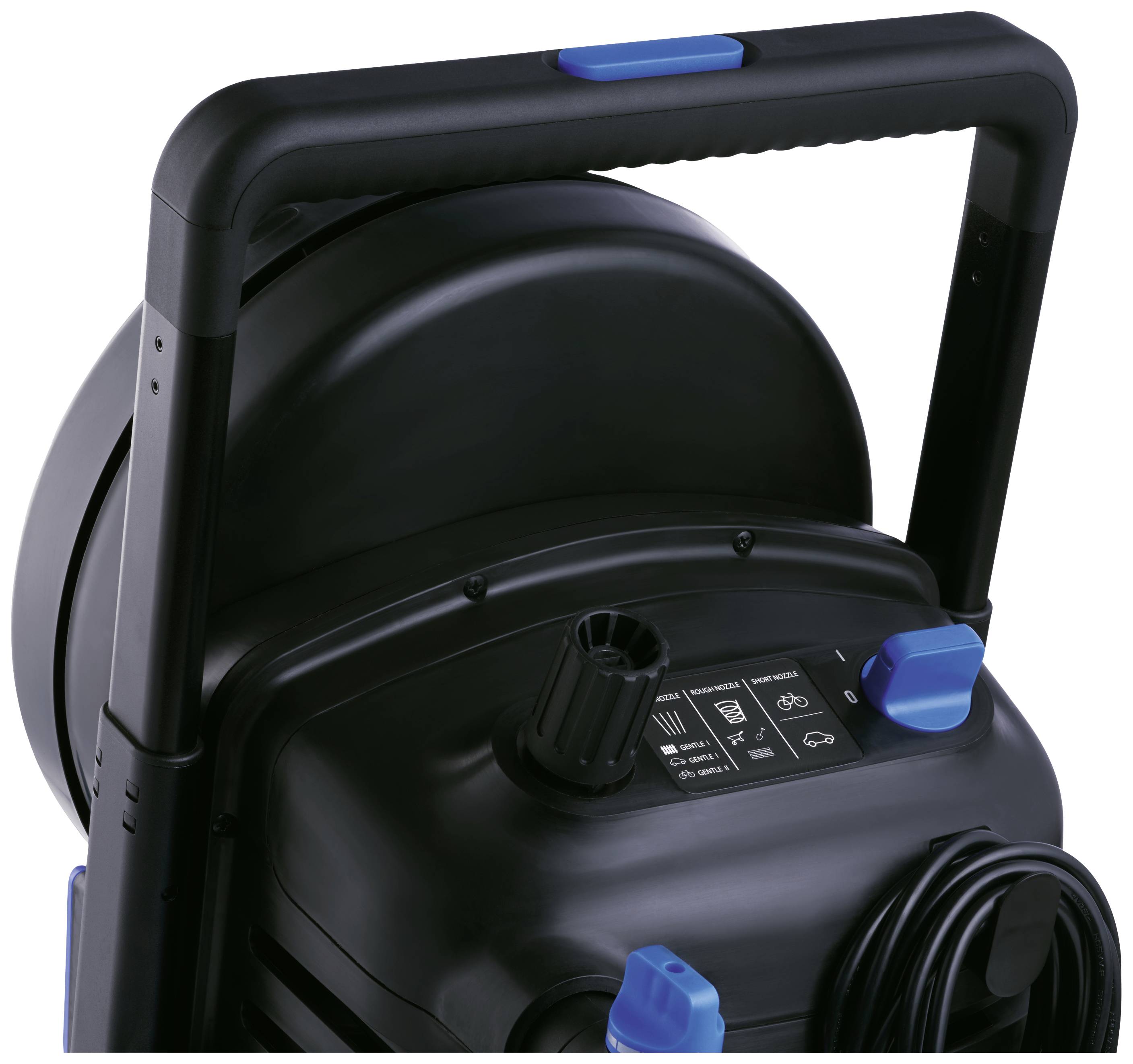 A carry handle with a hose connection. Blue rotary knobs and a control panel with symbols are located on the top surface.