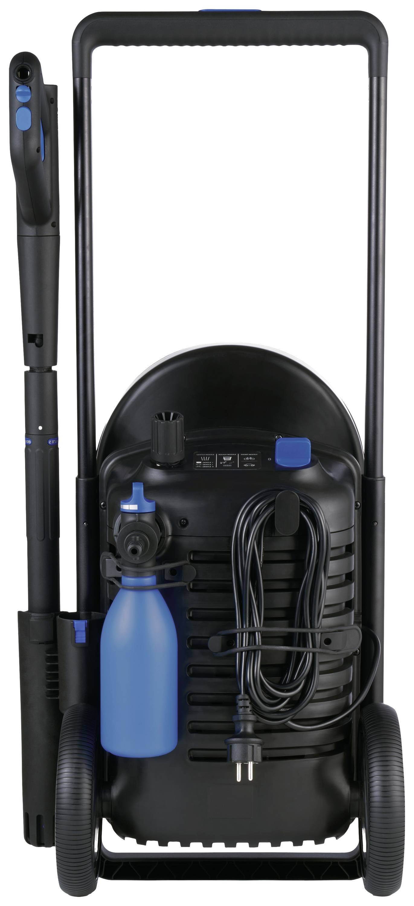 Pressure washer with wheels, black body, blue spray bottle, electric cable and handle, for easy mobility.