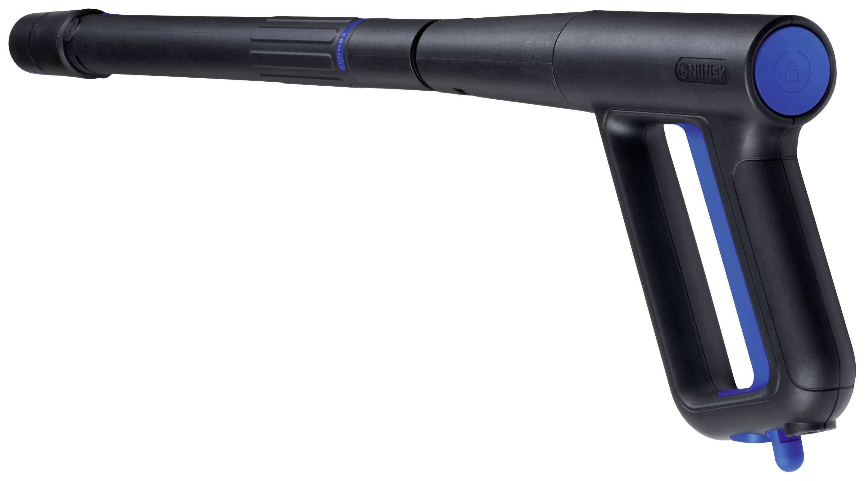 A black high-pressure pistol grip with blue accents, used for cleaning purposes such as pressure washers.
