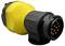 Yellow and black multi-pin electrical plug, used for secure connections in technical devices.