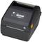 A compact, black label printer with control panel on top and paper output at the bottom, suitable for office or shipping labels.